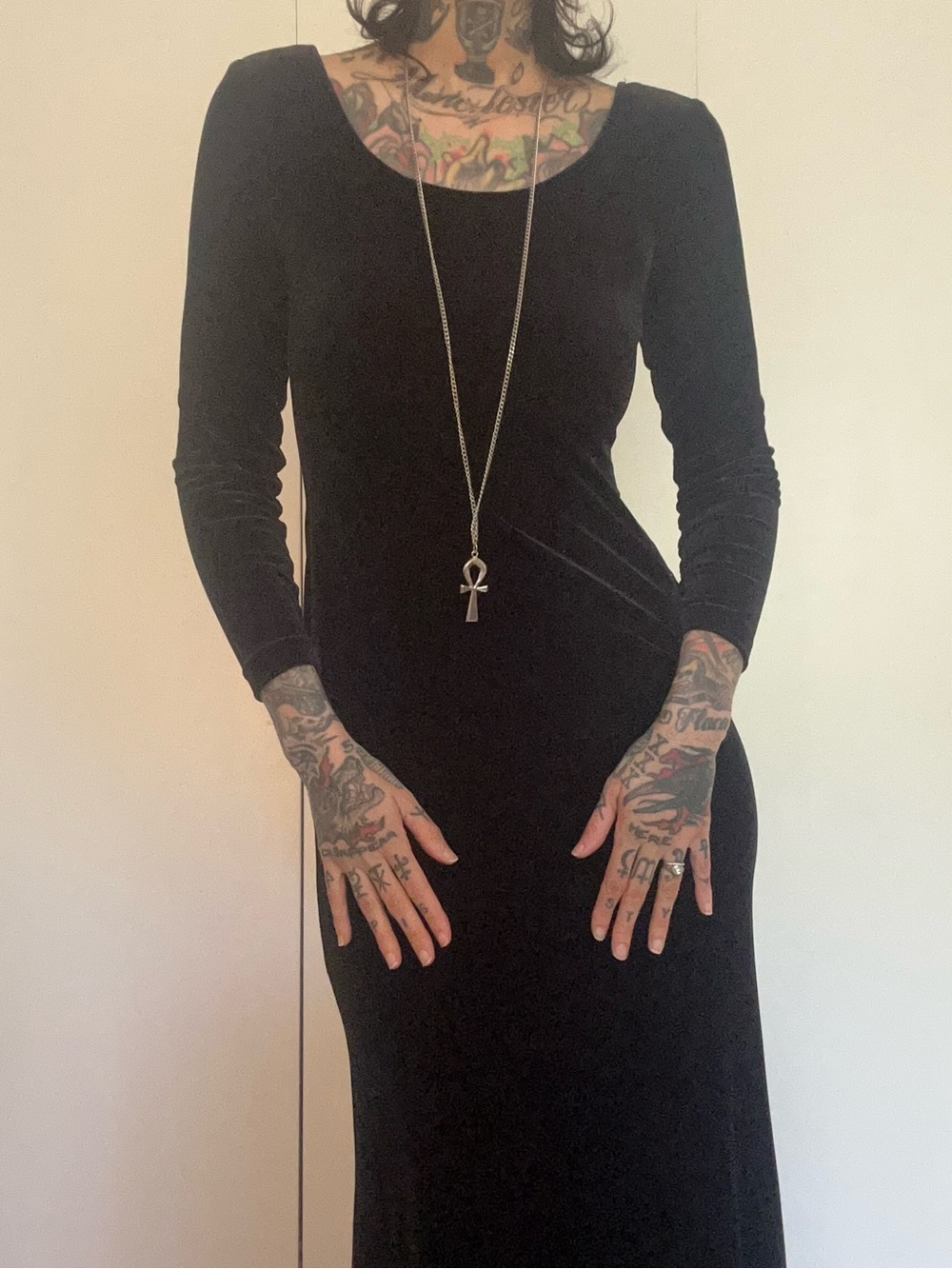 Vintage 90s Black Velvet Long Sleeve Maxi Dress